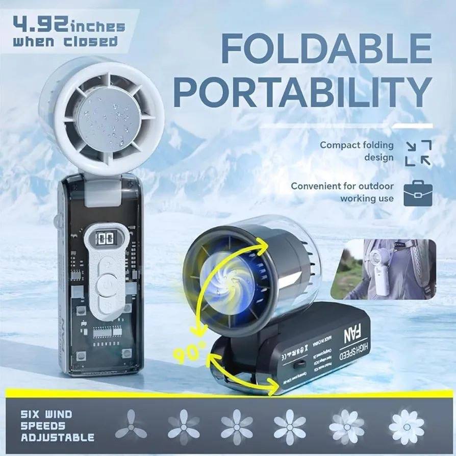Ice Rush Portable Handheld Turbo Fan, Foldable Mini Cooling Fans, Small Handheld Mist Fan with Battery, Speeds, Foldable, LED Display for Travel